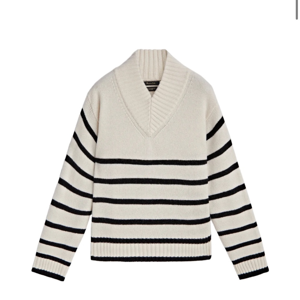 MASSIMO DUTTI High V-neck Cream Wool Blend Sweater